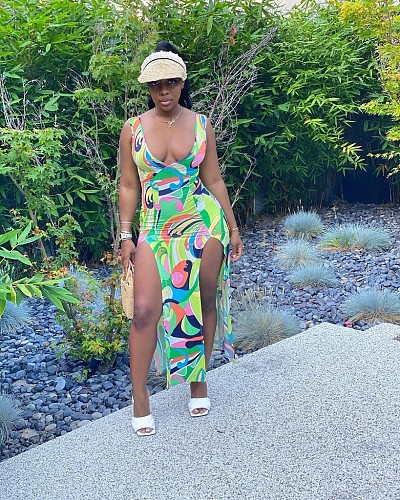 Sexy Printing Slit Open Sleeveless V-neck Irregular Dress MAE-2036