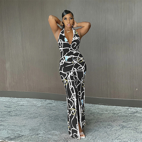 Elegant Print Sleeveless Deep V Bodycon Summer Long Dresses JP-1038