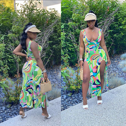 Sexy Printing Slit Open Sleeveless V-neck Irregular Dress MAE-2036