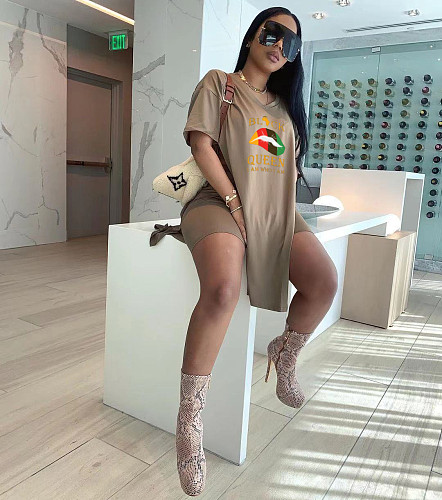 Lips Print Short Sleeve T Shirt Top Biker Shorts Two Piece Set XING-050