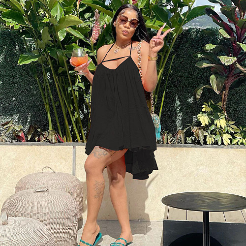 Solid Loose Halter Backless Irregular Mini Dress MEI-9235