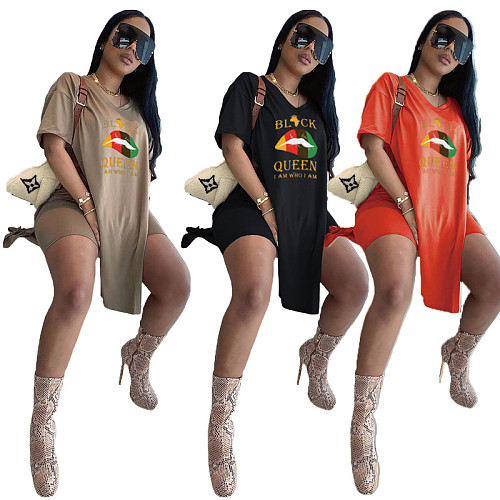 Lips Print Short Sleeve T Shirt Top Biker Shorts Two Piece Set XING-050