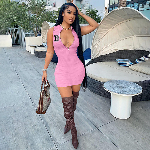 Knitted Sleeveless Front Zipper Bodycon Mini Dress XING-146