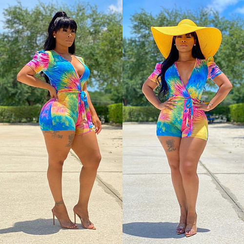 Fashionable Tie-dye Printed Short Sleeve High Waist Romper MAE-2034