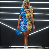 Tie Dye Print Short Sleeve Patchwork Sheath Mini Dress XING-046