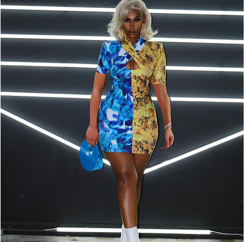Tie Dye Print Short Sleeve Patchwork Sheath Mini Dress XING-046