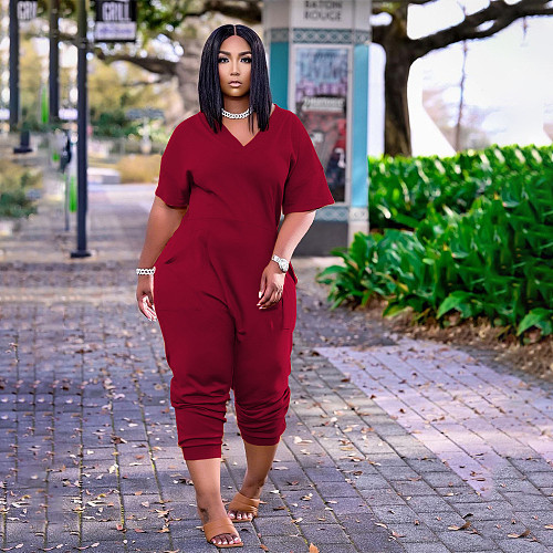 Plus Size Short Sleeve V Neck Loose-fitting Street Jumpsuit BER-8059