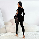 Black Knit Sexy Hollow-out Long Sleeve Long Jumpsuits RS-0220