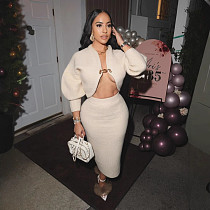 Sexy Sweater Cardigan With Package Hips Long Skirt Apricot Sets NY-MY101