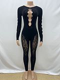 Black Knit Sexy Hollow-out Long Sleeve Long Jumpsuits RS-0220