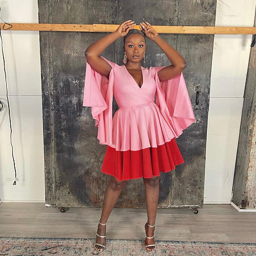 Color Patchwork Sleeveless Pleated V Neck Club Dresses NY-10220