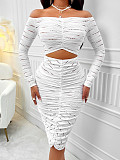 Sexy Off Shoulder Long Sleeves Hollow-out Folds Bodycon Maxi Dress RS-3495