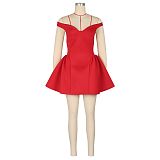 Sexy Off Shoulder Women Solid Color V-neck Puffy Short Dress AIL-309