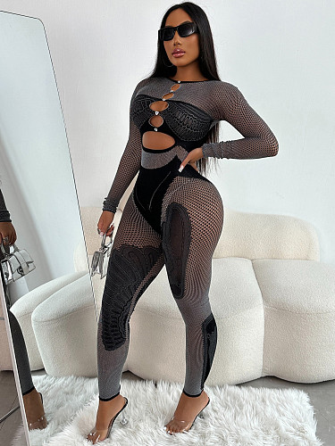 Sexy Hollow-out Pearl Long Sleeves Women's Long Jumpsuit RS-0197