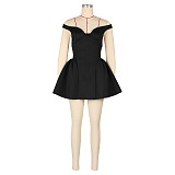 Sexy Off Shoulder Women Solid Color V-neck Puffy Short Dress AIL-309