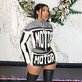 Letter Print Patchwork Zip Jacket+Skirts Streetwear Suits SHD-9618