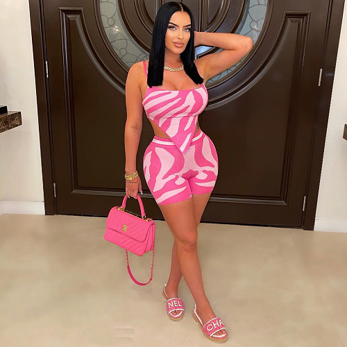 Sexy Stripe Print Sleeveless Two Piece Shorts Set BN-9429