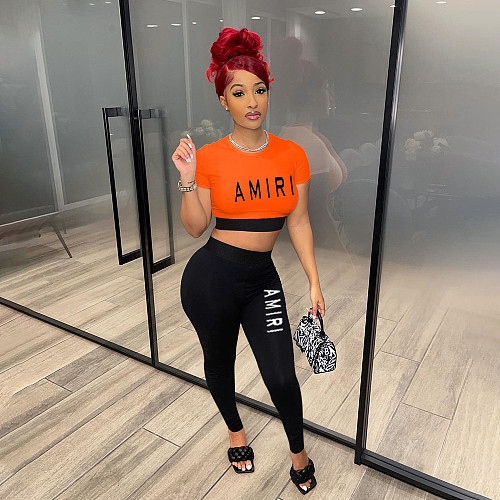 Letter Print Fitness Crop Tops Legging Pants Set XING-234