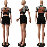 Printing Short Sleeve Crop Tops 2 Piece Short Sets CM-8681