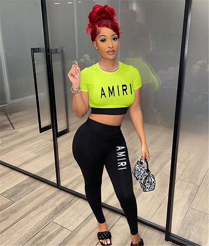Letter Print Fitness Crop Tops Legging Pants Set XING-234