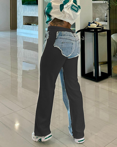 Denim print color pocket elastic lace-up street casual straight-leg pants XRB-10117