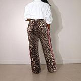 Fashion leopard print patchwork color stripes loose straight leg pants XRB-10115