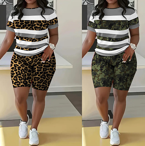 Casual short sleeve shorts camouflage leopard print suit FOS-8801