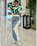 Denim print color pocket elastic lace-up street casual straight-leg pants XRB-10117