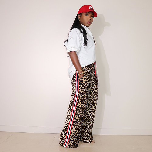 Fashion leopard print patchwork color stripes loose straight leg pants XRB-10115