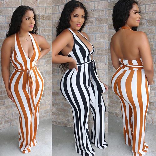 Fashion Hang Neck Backless Striped Flared Jumpsuit With Belt BS-1205