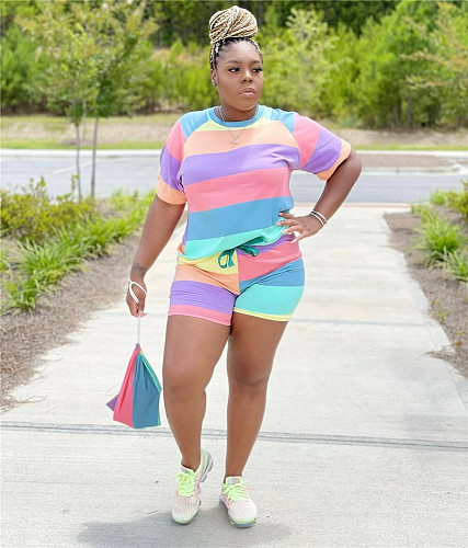Rainbow Stripes Short Sleeve T-shirt Shorts with bag Sets BS-1309
