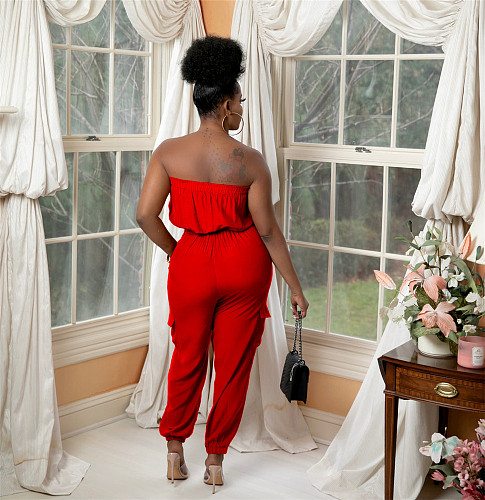 Loose Elastic Lace Up Solid Strapless Casual Jumpsuit BS-1307