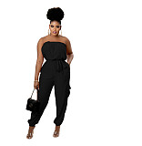Loose Elastic Lace Up Solid Strapless Casual Jumpsuit BS-1307