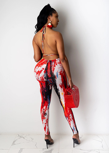 Fashion Tie-Dye Wrap Breast Lace-up Trousers Two-piece Set BS-1203