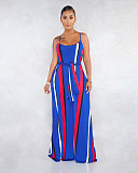 Fashion Striped Tie-Dye Halter Belt Headscarf Maxi Dress BS-1187