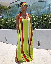 Fashion Striped Tie-Dye Halter Belt Headscarf Maxi Dress BS-1187