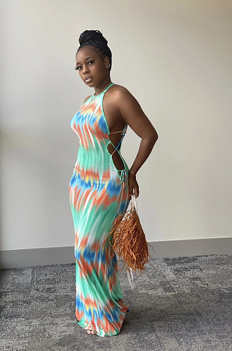 Colorful Tie Dye Stripe Print Lace Up Halter Dress BS-1180