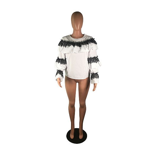 Leisure Round Neck Ruffles Long Sleeved T-shirt Top BS-1165