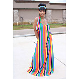 Fashion Striped Tie-Dye Halter Belt Headscarf Maxi Dress BS-1187