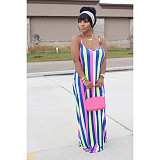Fashion Striped Tie-Dye Halter Belt Headscarf Maxi Dress BS-1187