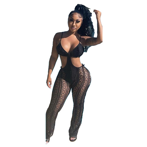 Women Sexy Sheer Mesh See Through Patchwork Deep V Neck Spaghetti Straps Backless Hollow Out Jumpsuit LUO-3165