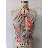 Sexy spice style top mesh fabric print halter halter small vest HONGW-77348