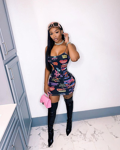Women Print Skinny Spaghetti Strap Bodycon Club Mini Dress LUO-3158