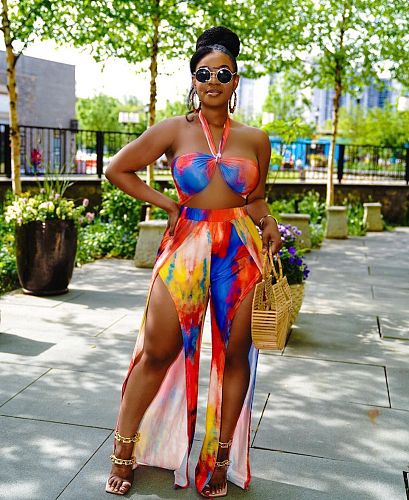 Tie Dye Women's Tracksuit Sexy High Slit Straight Pants+Halter Neck Crop Tops Summer Matching 2 Piece Set LUO-3163