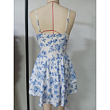 Fashion print deep V sleeveless halter cake mini dress HONGW-77261