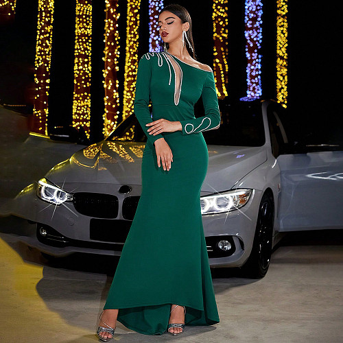 Fashion Sequin Splicing Slim-fit Hip Wrap Long Sleeve Evening Dress HONGW-77245