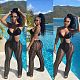 Women Sexy Sheer Mesh See Through Patchwork Deep V Neck Spaghetti Straps Backless Hollow Out Jumpsuit LUO-3165