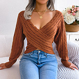 Cross V-Neck Twist Long Sleeve Crop Top Sweater BJS-1217