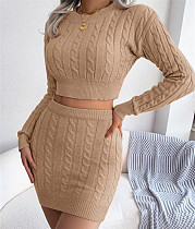 Long Sleeve Knitted Sweater Crop Top Skirts Set BJS-1820