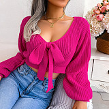 Bow V-Neck Lantern Sleeve Crop Sweater BJS-3016